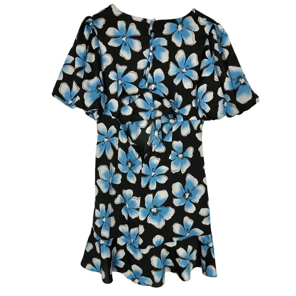 Topshop Dress Floral Print Puff Sleeve Cutout Back Mini Black Blue 10 Petite